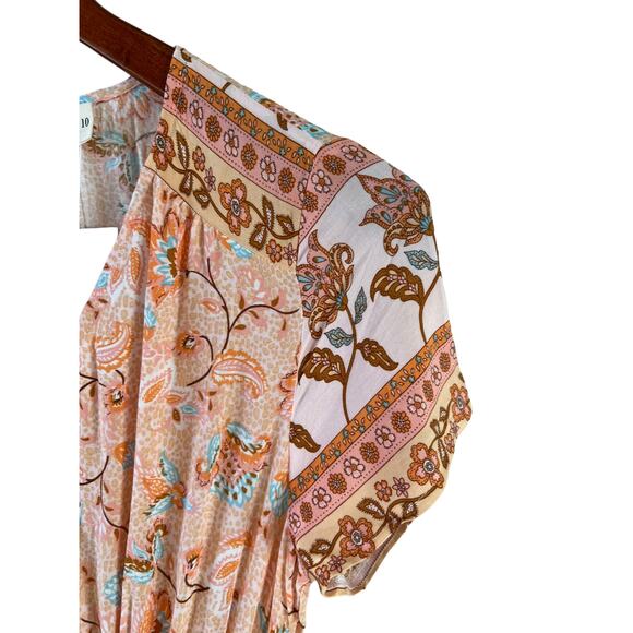 Ruby Sees V Neck Button Front Maxi dress Peach Floral Print - Picture 3 of 8